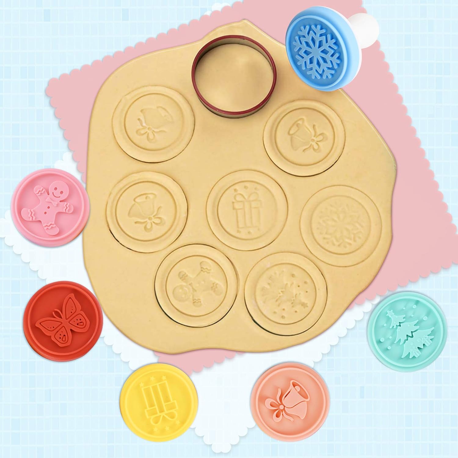 Cookie Stamp-a Set of 6 Colorful Silicone Cookie Stamp Press, Ring Cutter and Handle for Christmas and Daily Baking