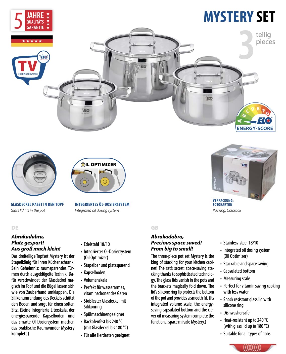 ELO Induction Cookware Set Stainless Steel Ceramic and Gas with Measuring System and Measuring Scale, Diameter 160 x 10.5 cm, Diameter 20 x 12.5 cm and Diameter 24 x 15.5 cm, Set of 3