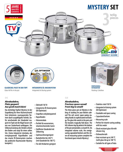 ELO Induction Cookware Set Stainless Steel Ceramic and Gas with Measuring System and Measuring Scale, Diameter 160 x 10.5 cm, Diameter 20 x 12.5 cm and Diameter 24 x 15.5 cm, Set of 3