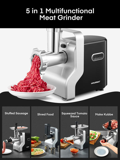 Meat Grinder Heavy Duty, 3000W Max Ultra Powerful, 5 in 1 HOUSNAT Multifunction Electric Meat Grinder, Sausage Stuffer, Slicer/Shredder/Grater, Kubbe & Tomato Juicing Kits, Home Kitchen Use