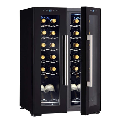 Wine Enthusiast 24-Bottle French Door Dual-Zone Compressor Wine Cooler - Freestanding Wine Refrigerator with Split Storage & 41-64°F Temperature, 2 Glass Pane Doors & Touchscreen LED Controls