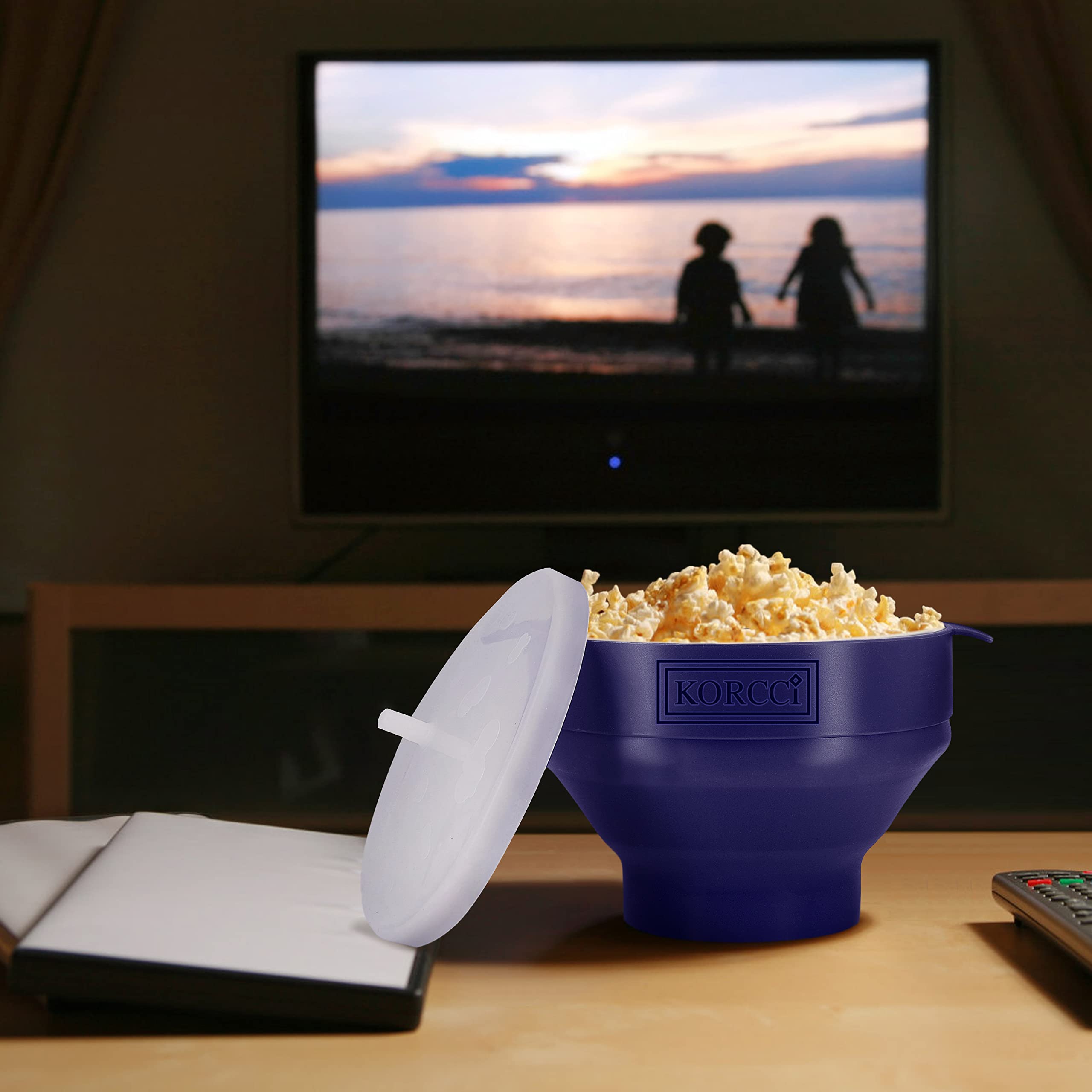 Oryginalna silikonowa maszynka do popcornu do mikrofal Korcci, maszynka do popcornu do mikrofal, składana miska do robienia popcornu w mikrofalówce, nie wymaga oleju, do użytku w kuchence mikrofalowej, można myć w zmywarce (niebieska)