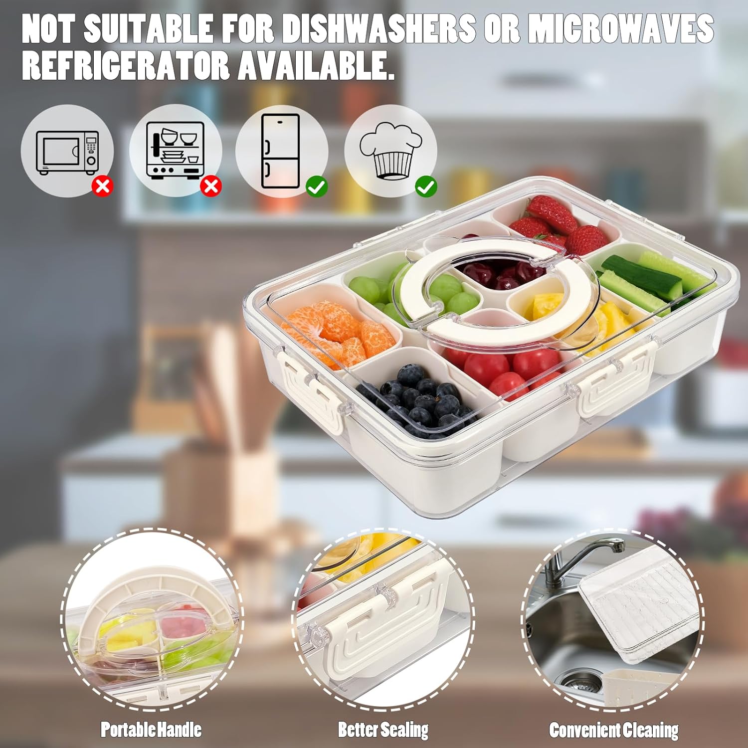 Snackle Box Container, 8 Compartments Divided Serving Tray with Lid and Handle, Portable Snack Box Containers for Veggie Tray Charcuterie Boxes Fruit Storage Candy Organizer (8 Compartments)
