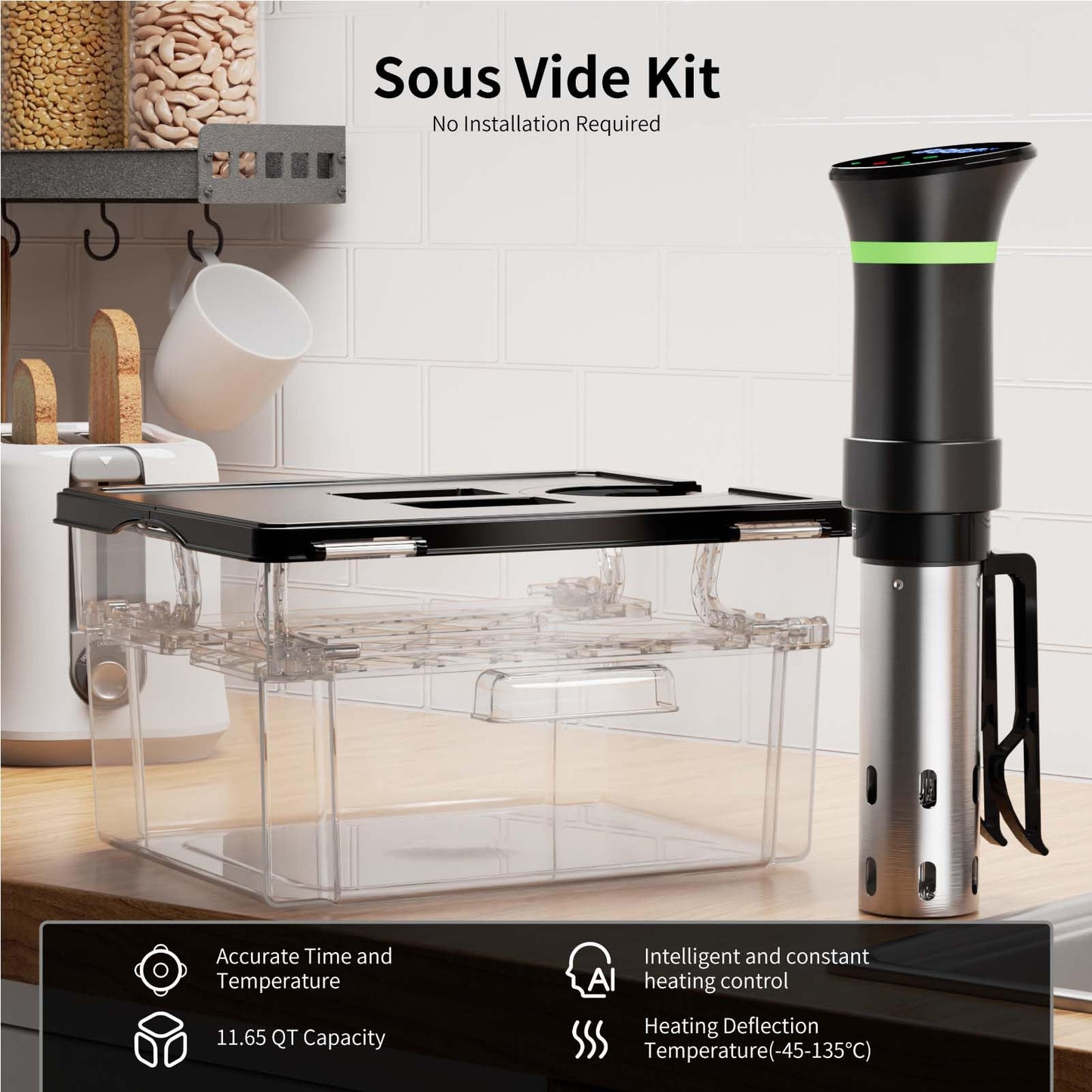 Sous Vide Cooker Kit, Includes One 1000W Immersion Circulators and 11.65QT Sous Vide Container with Lid and Built-in Rack, with Temperature and Time Digital Display Control