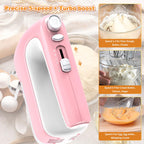 Yalame Hand Mixer Electric, 5-Speed 400W Motor, Hand Mixer Electric Handheld, Mixer Electric Handheld with Turbo Boost & Storage Case, 2x Flat Beaters, 2x Dough Hooks, 1x Whisk for Baking (Pink)