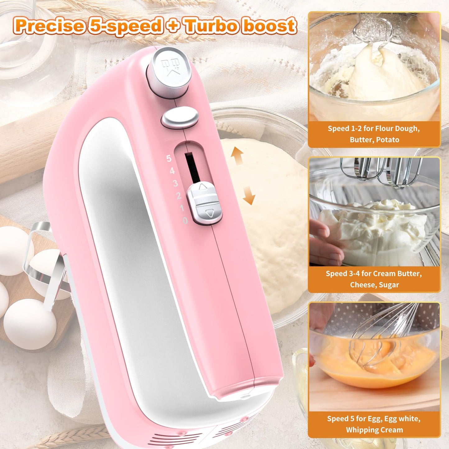 Yalame Hand Mixer Electric, 5-Speed 400W Motor, Hand Mixer Electric Handheld, Mixer Electric Handheld with Turbo Boost & Storage Case, 2x Flat Beaters, 2x Dough Hooks, 1x Whisk for Baking (Pink)