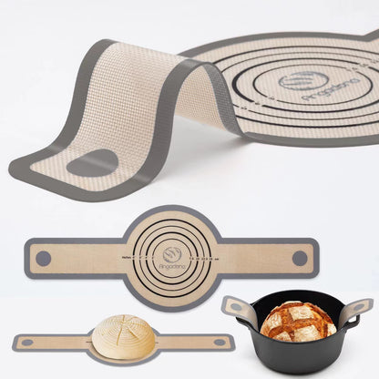 Silicone Bread Sling Dutch Oven - Best Japan Silicone Non-Stick & Easy Clean Reusable Baking Mat With Extra Long Handles, 2 Grey Set for Transferable Dough
