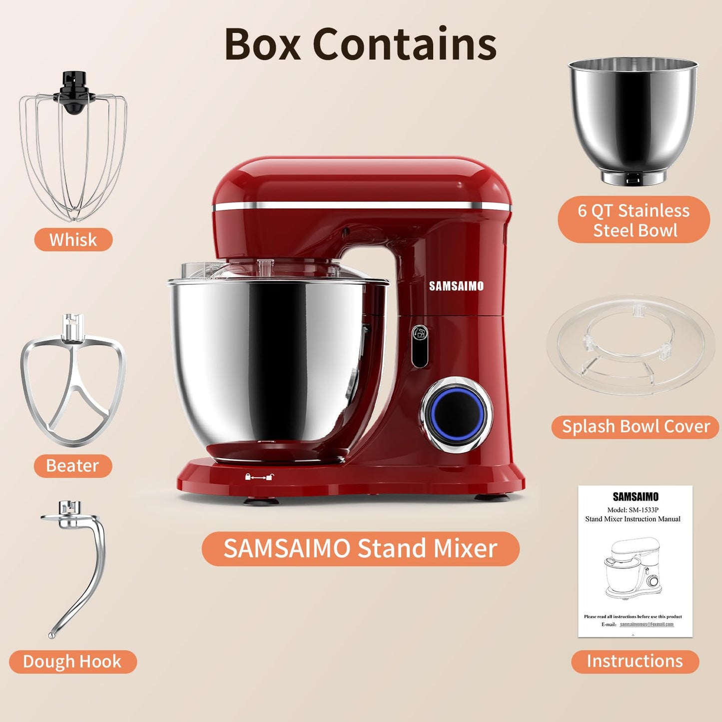 SAMSAIMO 3-IN-1 Electric Stand Mixer, 660W 10-Speed With Pulse Button, Attachments include 6.5QT Bowl, Dough Hook, Beater, Whisk for Most Home Cooks, Empire Red