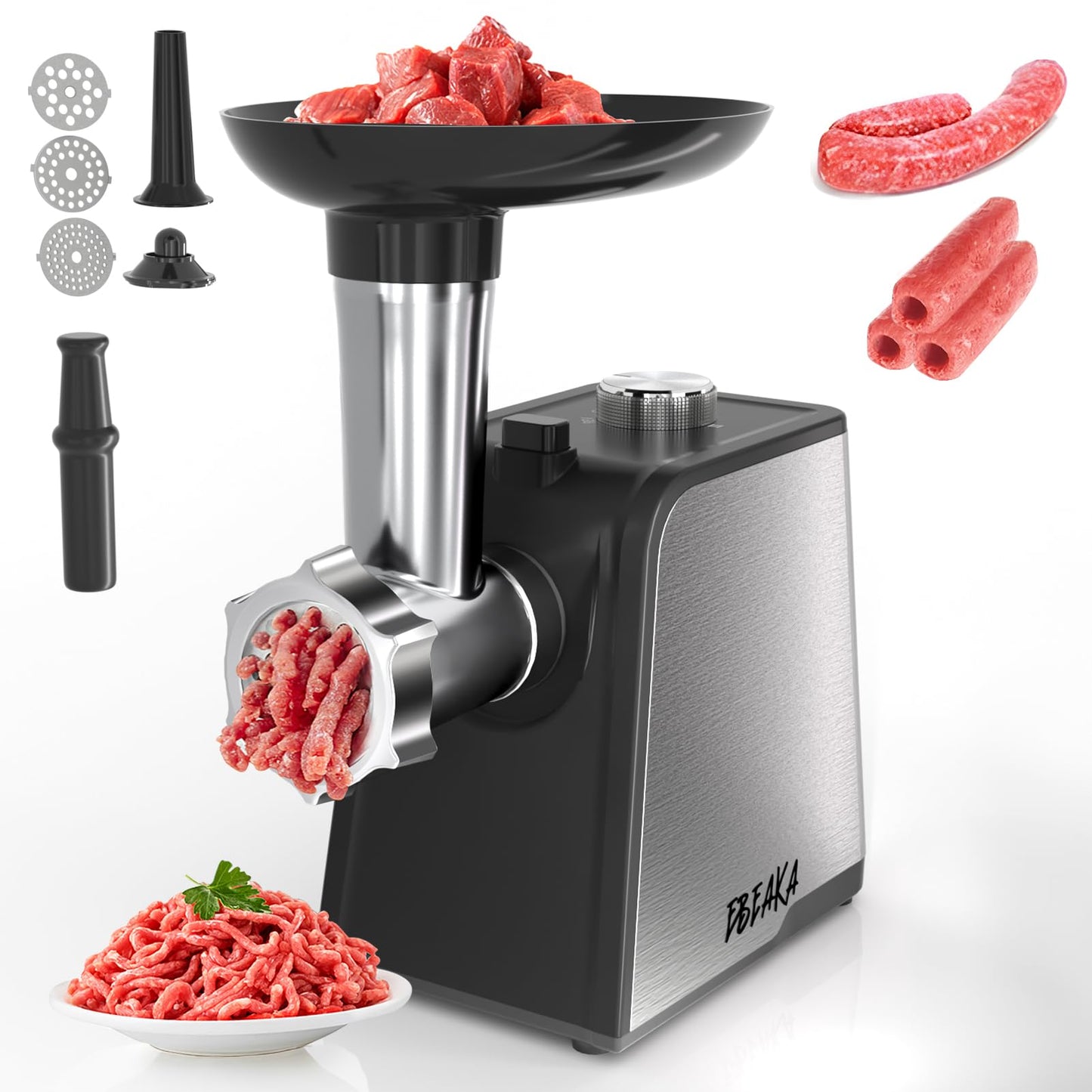 EBEAKA Electric Meat Grinder & Sausage Stuffer Maker, Heavy Duty Meat Mincer with Stainless Steel Blades & 3 Grinding Plates, Food Grinder with Kubbe Kit & Sausage Stuffer Tubes for Home Kitchen Use