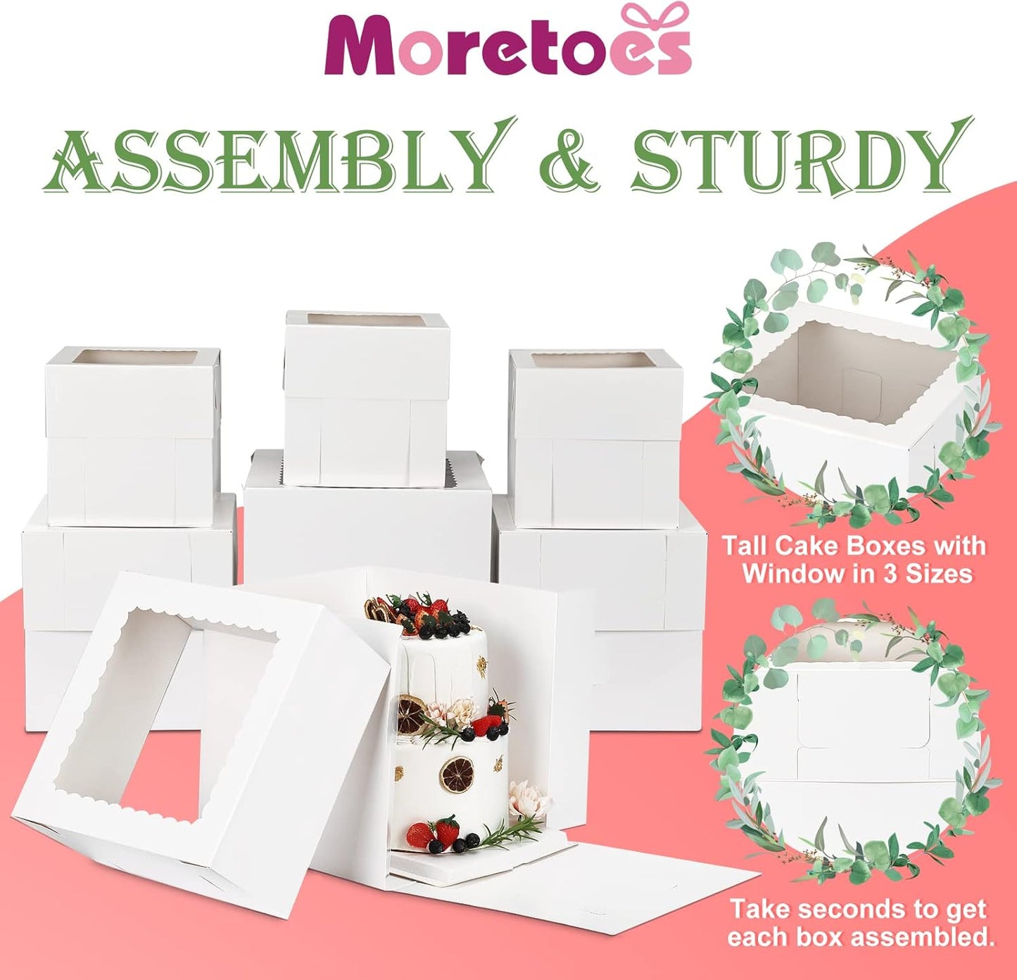 Moretoes 12 Pcs Cake Box, Tall Cake Boxes with Window in 3 Sizes 12x12x12 10x10x10 8x8x8 Inches, Bakery Boxes Disposable Carrier Take Out Container, 2 or 3 Tier for Valentine's Day Mother's Day