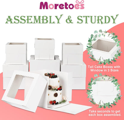 Moretoes 12 Pcs Cake Box, Tall Cake Boxes with Window in 3 Sizes 12x12x12 10x10x10 8x8x8 Inches, Bakery Boxes Disposable Carrier Take Out Container, 2 or 3 Tier for Valentine's Day Mother's Day