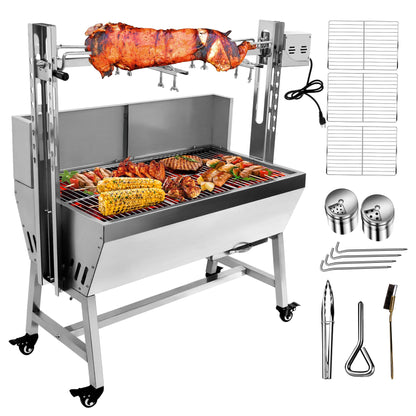 Stainless Steel Rotisserie Grill with Windscreen, Electric 25W Motor Outdoor Cooking Spit Roaster, 132 LBS BBQ Spit Roaster, BBQ Whole Pig Lamb Goat Charcoal Spit Grill Rotisserie Roaster System