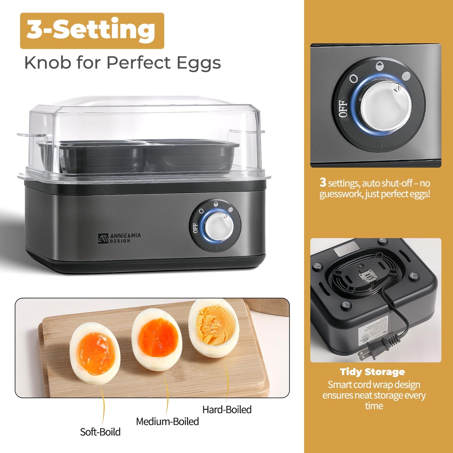 Annie & Mia Design Electric Egg Cooker, Stainless Steel 8 Egg Capacity egg boiler, 500W, Hard, Medium, Soft Boiled Egg Poacher, egg steamer, Multi-function, Knob Controled Auto Shut-Off Function