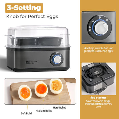 Annie & Mia Design Electric Egg Cooker, Stainless Steel 8 Egg Capacity egg boiler, 500W, Hard, Medium, Soft Boiled Egg Poacher, egg steamer, Multi-function, Knob Controled Auto Shut-Off Function