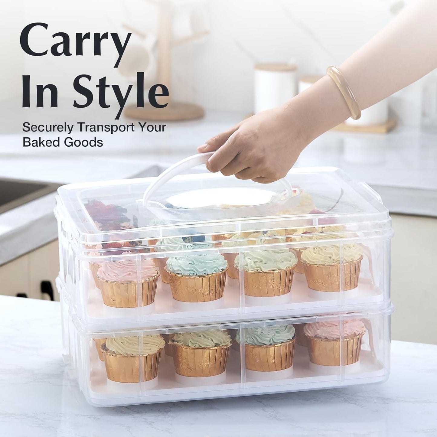 Plastic Cupcake Carrier 24 Count, 2-Layer Cupcake Holder Carries with Lid & Handles, Cookie, Cake, Cupcake and Brownie Storage Carrier, Reusable Cupcake Box