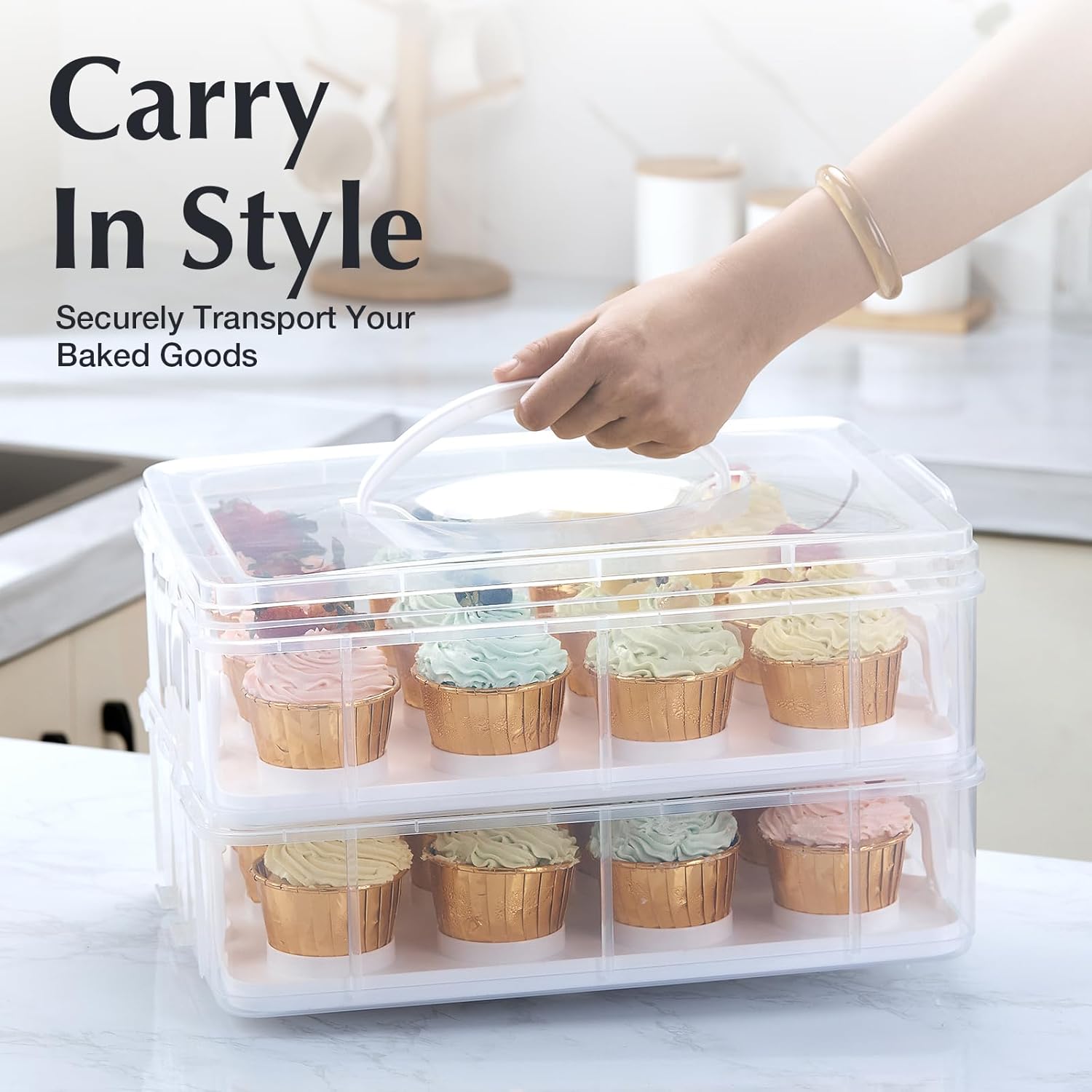 Plastic Cupcake Carrier 24 Count, 2-Layer Cupcake Holder Carries with Lid & Handles, Cookie, Cake, Cupcake and Brownie Storage Carrier, Reusable Cupcake Box
