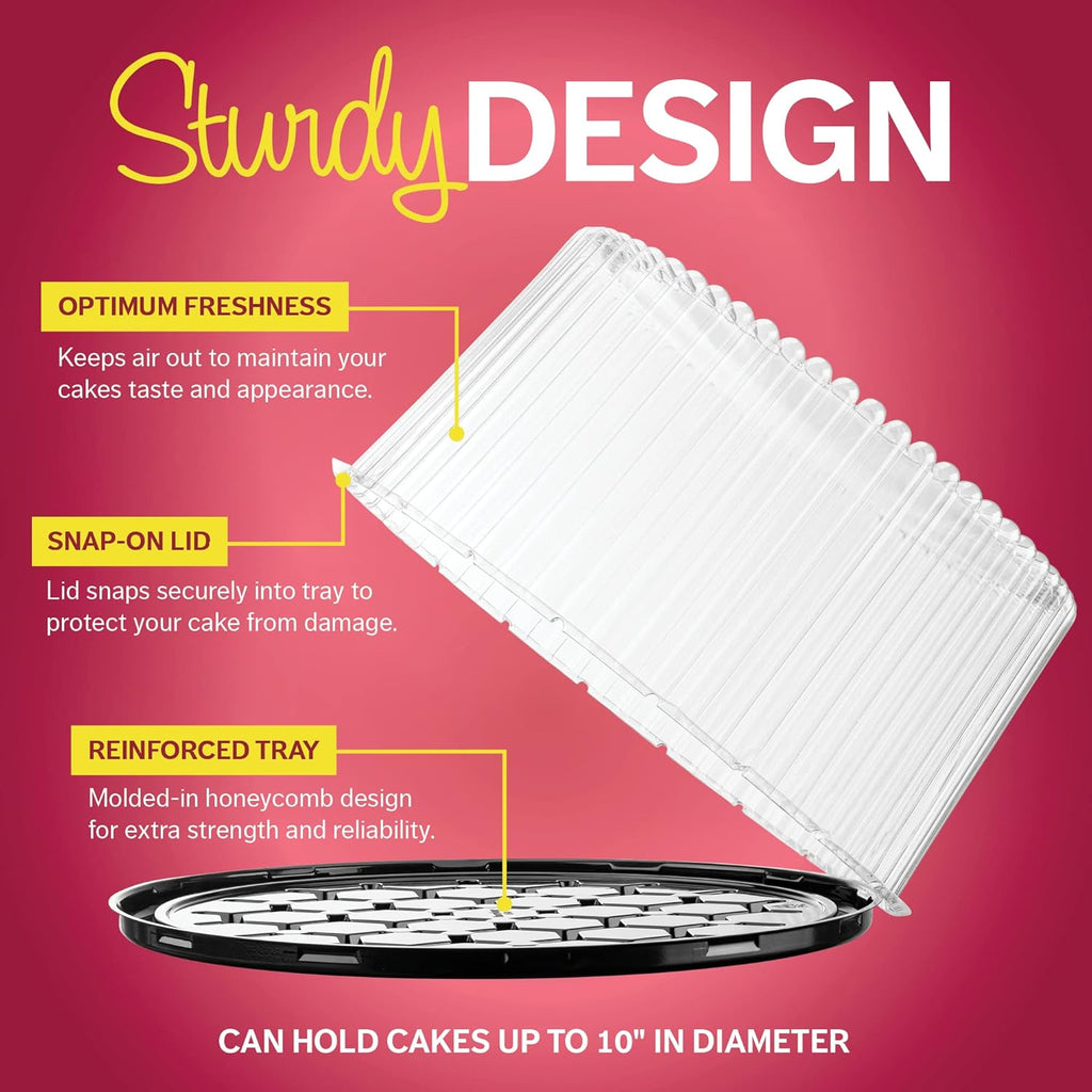 10 - 11" Plastic Disposable Cake Containers Carriers With Dome Lids And Cake Boards [5 Pack] And Cake Server | Round Bundt Cake Boxes / Cover | 2-3 Layer Cake Holder Display Containers For Transport