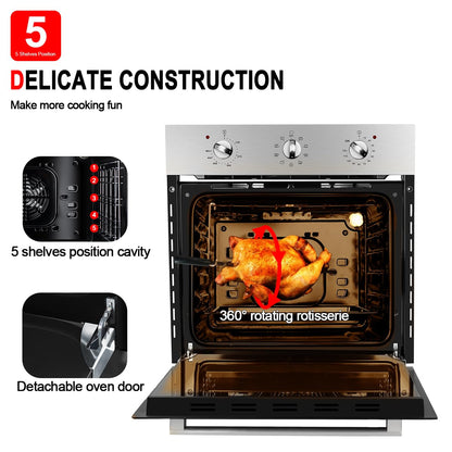 Electric Wall Ovens 24 Inch, GASLAND ES609MS Built-in Electric Wall Oven, 240V 3200W 2.3Cu.ft Convection Oven with Rotisserie, 9 Cooking Modes, Mechanical Knob Control, Stainless Steel