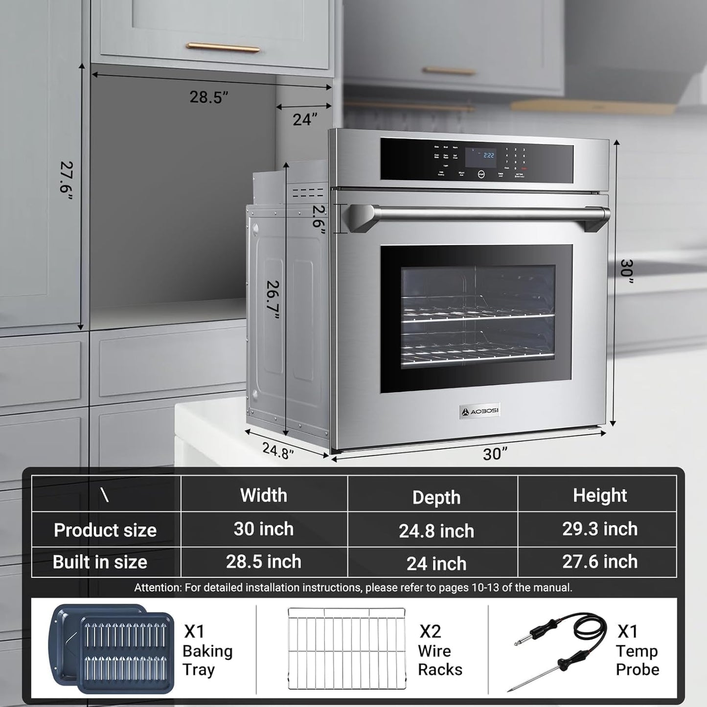 AAOBOSI Wall Oven 30 inch Single Wall Ovens Electric Built-in Convection Oven, 3800W, 4.8 Cu. Ft. Broil Bake Roast Function, LED Display, Touch Control, Safety Lock, Timer for Kitchen Cabinetry