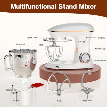 Stand Mixer CWIIM 8.5Qt 660W mixers kitchen electric stand mixer 6+P Speed stand up mixer with Dough Hook, Flat Beater, Whisk, Splash Guard, for dough mixer Baking Bread Cake Cookie Salad Egg (White)