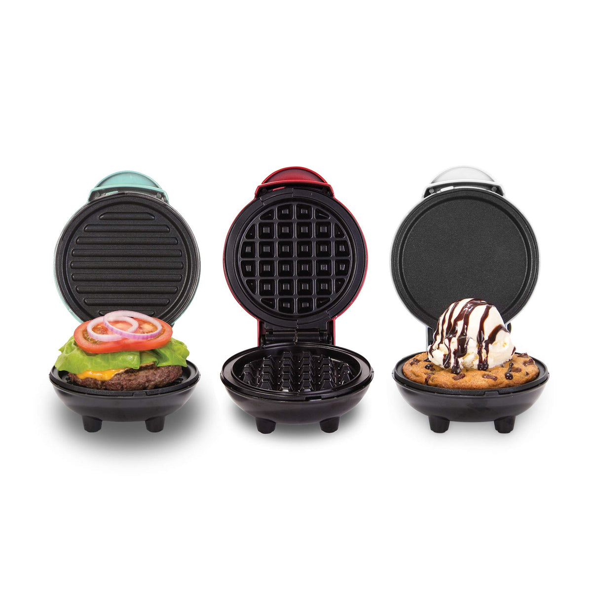 DASH Mini Waffle Maker + Grill + Griddle, 3 w 1 - Czerwony/Aqua/Biały