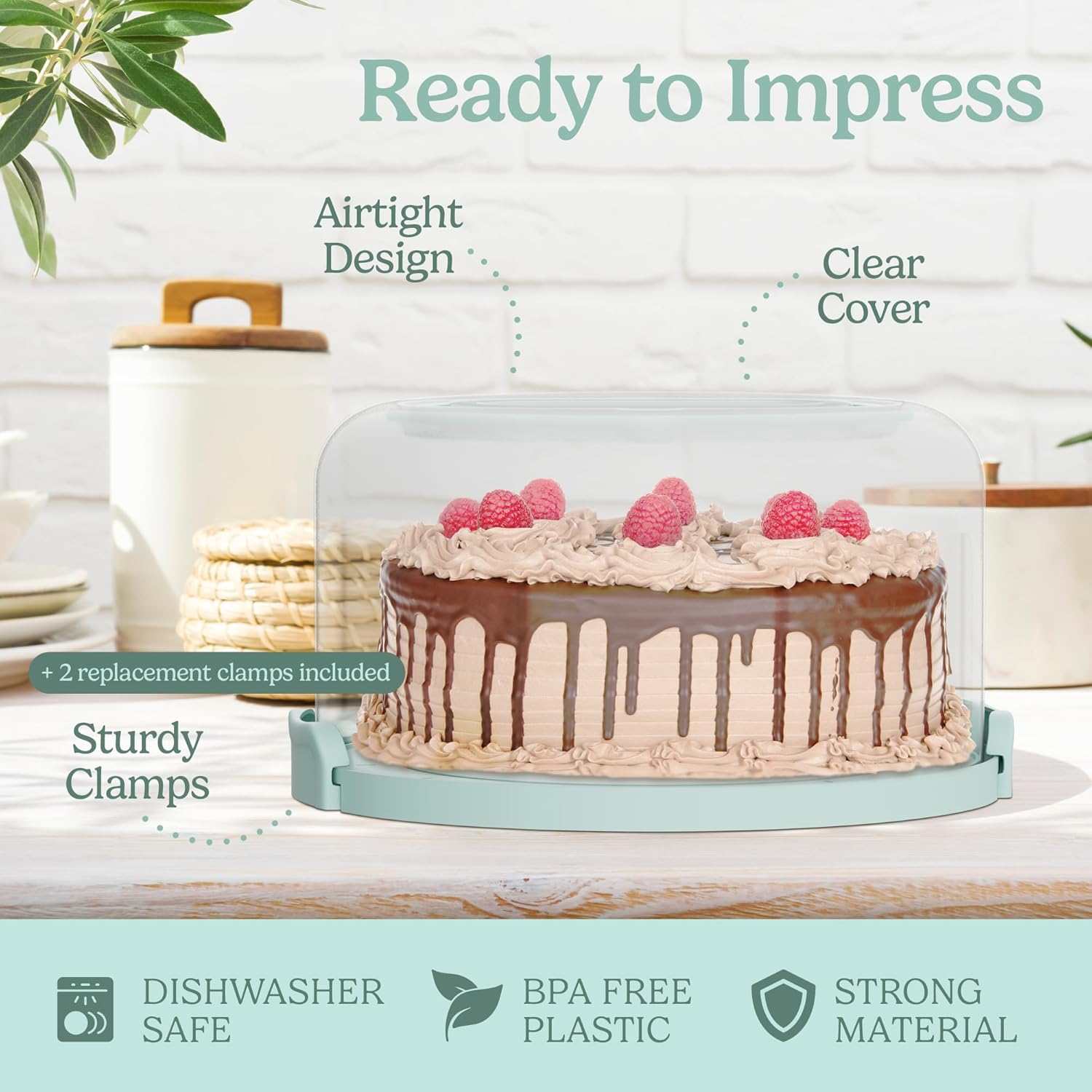 Cake Carrier with lid and Handle - Multipurpose Cake Stand with Lid for 10” Cake, Pie, Cupcakes - Cake Holder & Lid, Plastic Cake Container, Round Cake Cover for Transport & Storage (Seafoam Green)