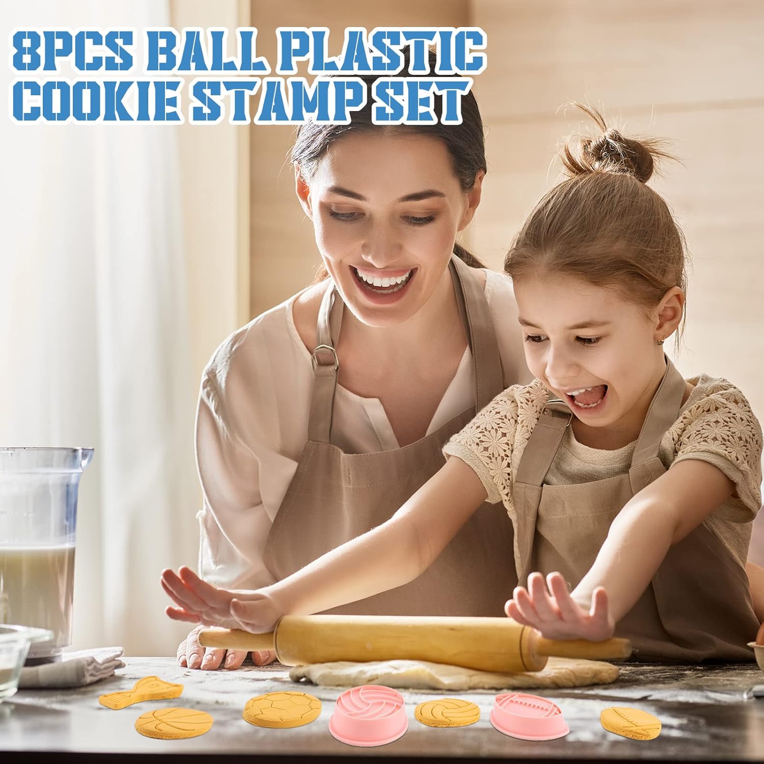 8 Pieces Sport Ball and Birthday Cookie Stamps with Plunger Cutters Set 3D Football Volleyball Soccer Basketball Cake Flower Shape Biscuit Cutter Cookie Stamps for DIY Supplies(Ball Style)