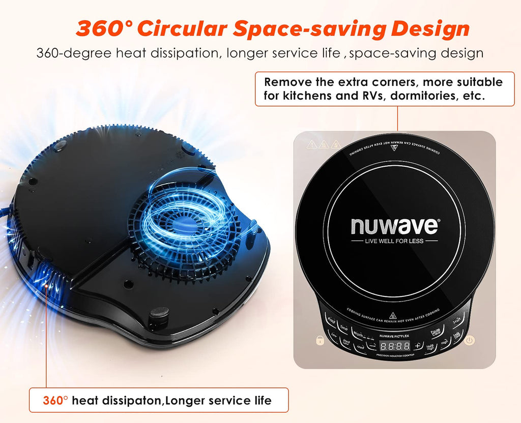 Індукційна варильна поверхня Nuwave Flex Precision, ударостійке склокерамічне скло 10,25 дюйма, нагрівальна спіраль 6,5 дюйма, 45 температур від 100°F до 500°F, 3 режими потужності: 600, 900 та 1300 Вт, чорний колір