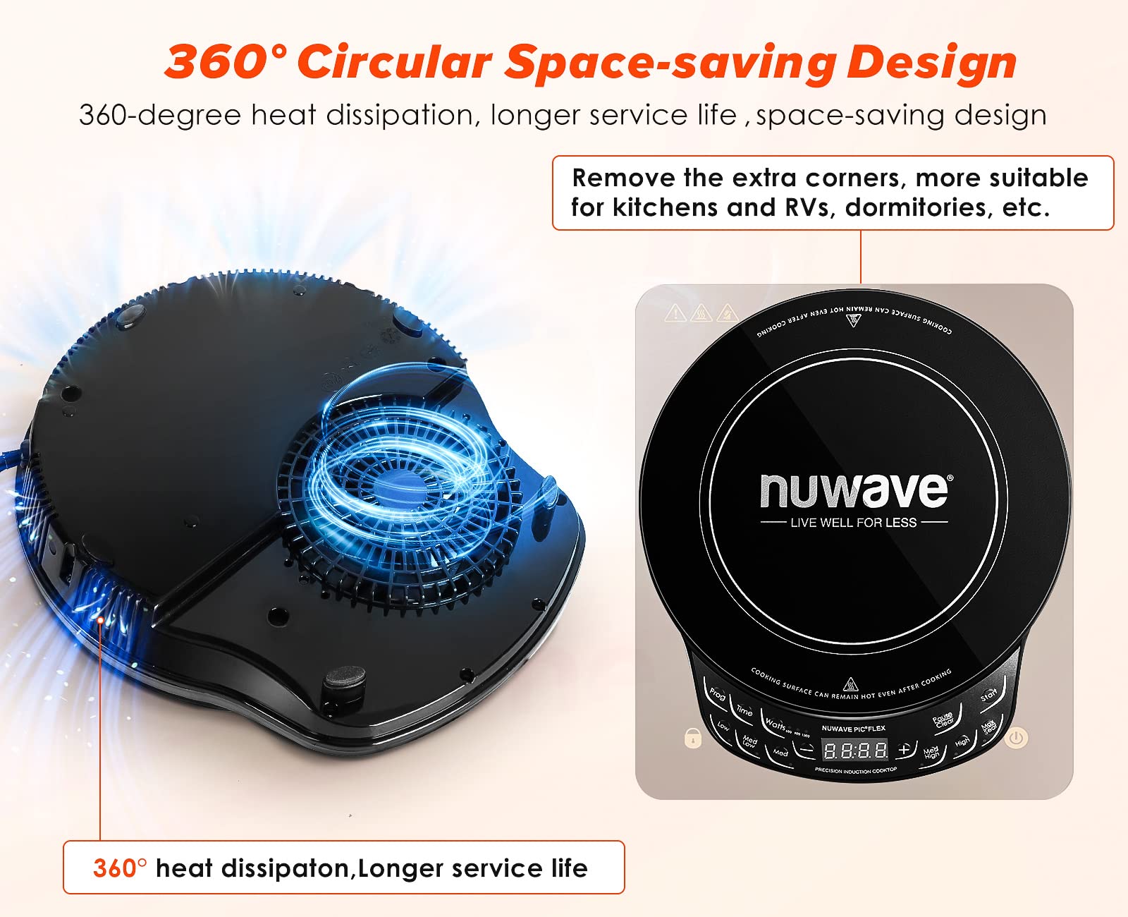 Індукційна варильна поверхня Nuwave Flex Precision, ударостійке склокерамічне скло 10,25 дюйма, нагрівальна спіраль 6,5 дюйма, 45 температур від 100°F до 500°F, 3 режими потужності: 600, 900 та 1300 Вт, чорний колір