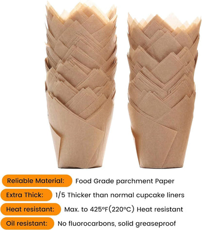 200pcs Natural Tulip Cupcake Liners for Baking Cups Unbleached European Parchment paper Tulip Muffin Liners, Cupcake Wrapper for Party, Christmas