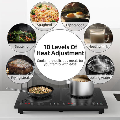 Waatfeet Double Induction Cooktop,Portable Induction Cooker with 2 Burner Independent Control,Ultrathin Body,10 Temperature,1800W-Multiple Power Levels,3 Hour Timer,Safety Lock