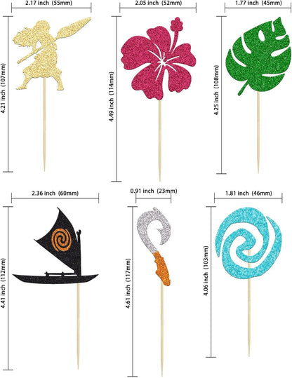 24Pcs Mo Inspired Birthday Cupcake Toppers Glitter Palm Leaf Flower Moana Cupcake Picks Hawaiian Birthday Party Decoration for Tropical Luau Summer Party Baby Shower Wedding