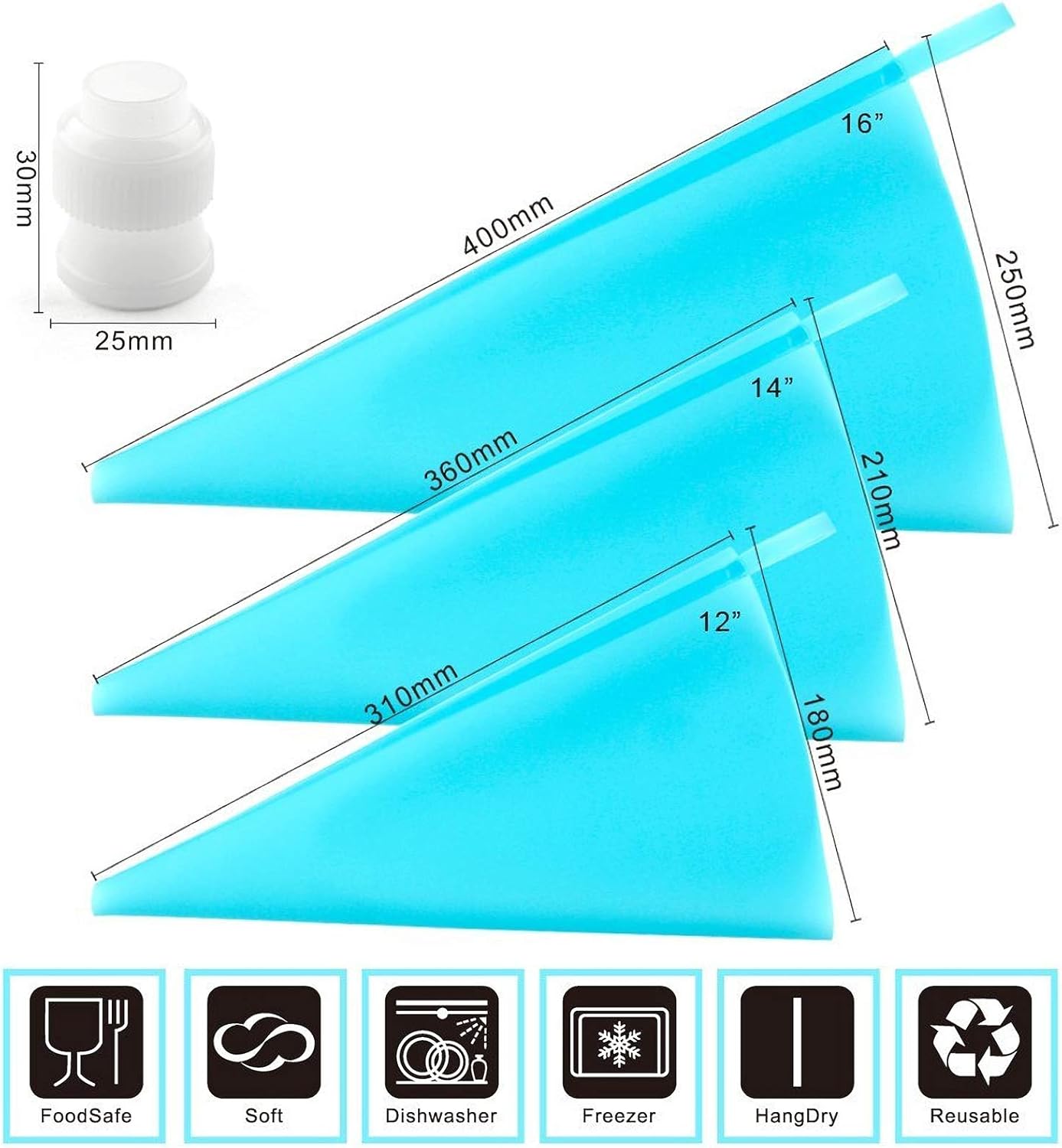 Silicone Pastry Bags, Weetiee 3 Sizes Reusable Icing Piping Bags Baking Cookie Cake Decorating Bags (12’’+14’’+16’’)- 6 Pack - Bonus 6 Icing Couplers Fit to Wilton Standard Size Tips