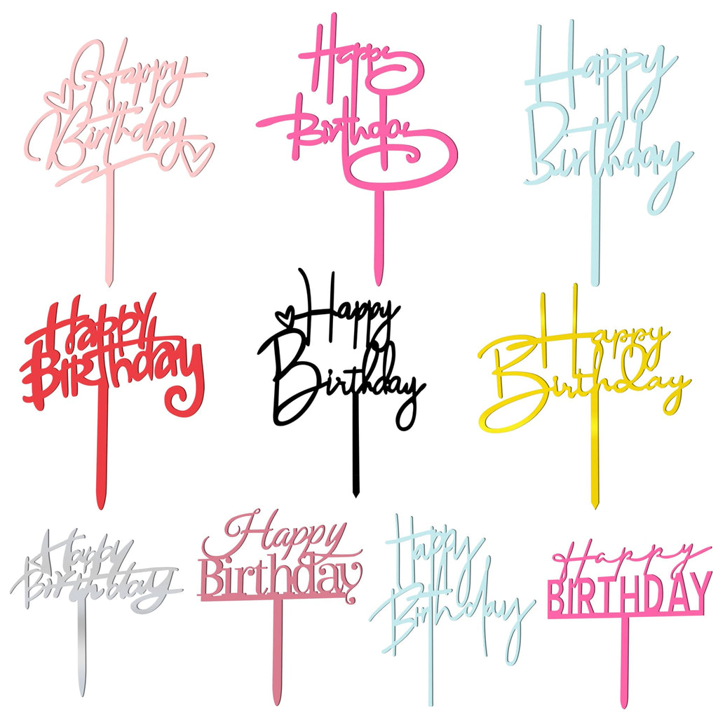 10 PCS Black Happy Birthday Cake Topper Acrylic Cupcake Topper A Series of Birthday Cake Supplies Decorations