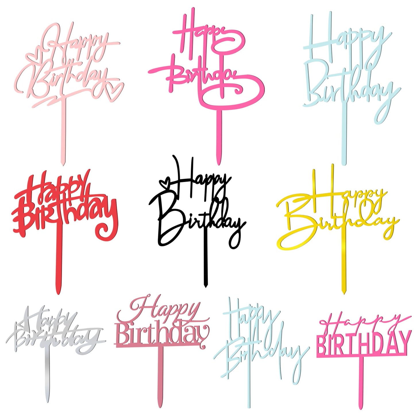 10 PCS Black Happy Birthday Cake Topper Acrylic Cupcake Topper A Series of Birthday Cake Supplies Decorations