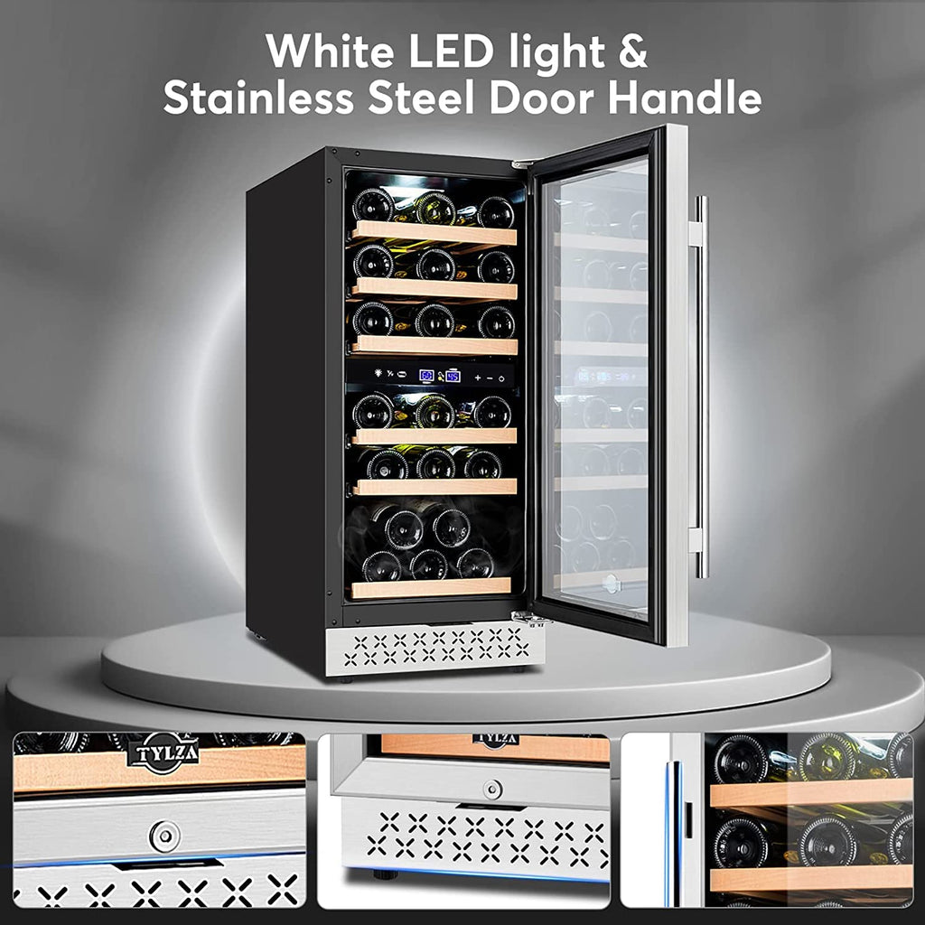 Tylza Mini Fridge 15 Inch Wine Cooler Under Counter, 30 Bottle Dual Zone Wine Fridge with Stainless Steel, Wine Refrigerator Freestanding, and Built-in Wine Cellars