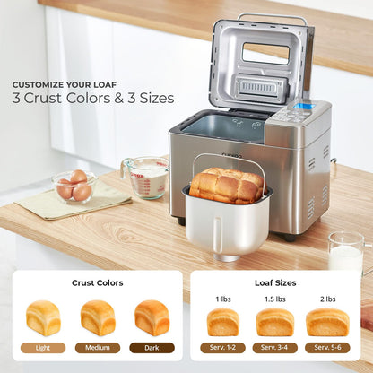 CUCKOO Bread Maker Machine with 15 Menu Options + 3 Crust Colors, 2 lbs Bread Machine with Automatic Fruit & Nut Dispenser, Includes 6 Accessories, Ideal Breadmaker for Sourdough (CBM-AAB101S)