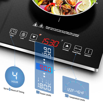 Double Induction Cooktop AMZCHEF Induction Cooker 2 Burners, Low Noise Electric Cooktops With 1800W Sensor Touch, 20 Temperature & Power Levels,Independent Control,3-hour Timer, Safety Lock