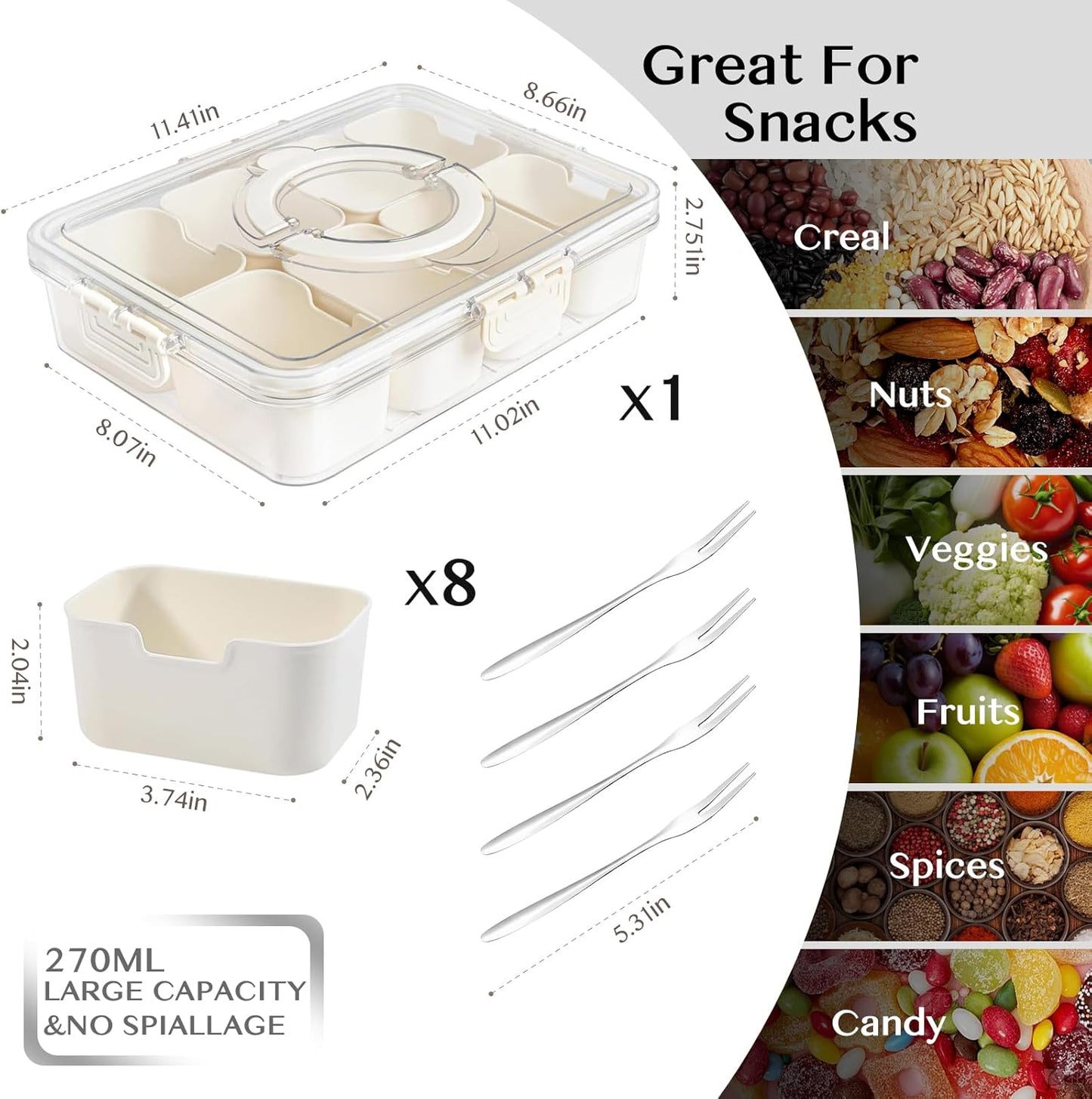 Snackle Box Container,Portable Snack Box 8 Compartment Divided Serving Tray with Lid and Handle,Clear Storage Organizer for Fruit Candy Nuts Veggie-Perfect for Road Travel Party（1 Pack）