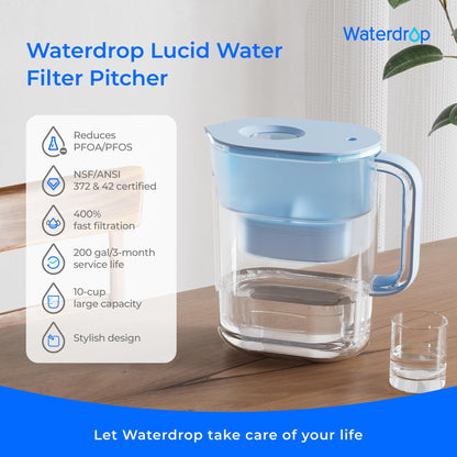 Waterdrop Water Filter Pitcher with 1 Filter, 200-Gallon Long-Life, 10-Cup Large Water Filter Pitcher, NSF Certified, 5X Times Lifetime, Reduces PFOA/PFOS, Chlorine, Blue