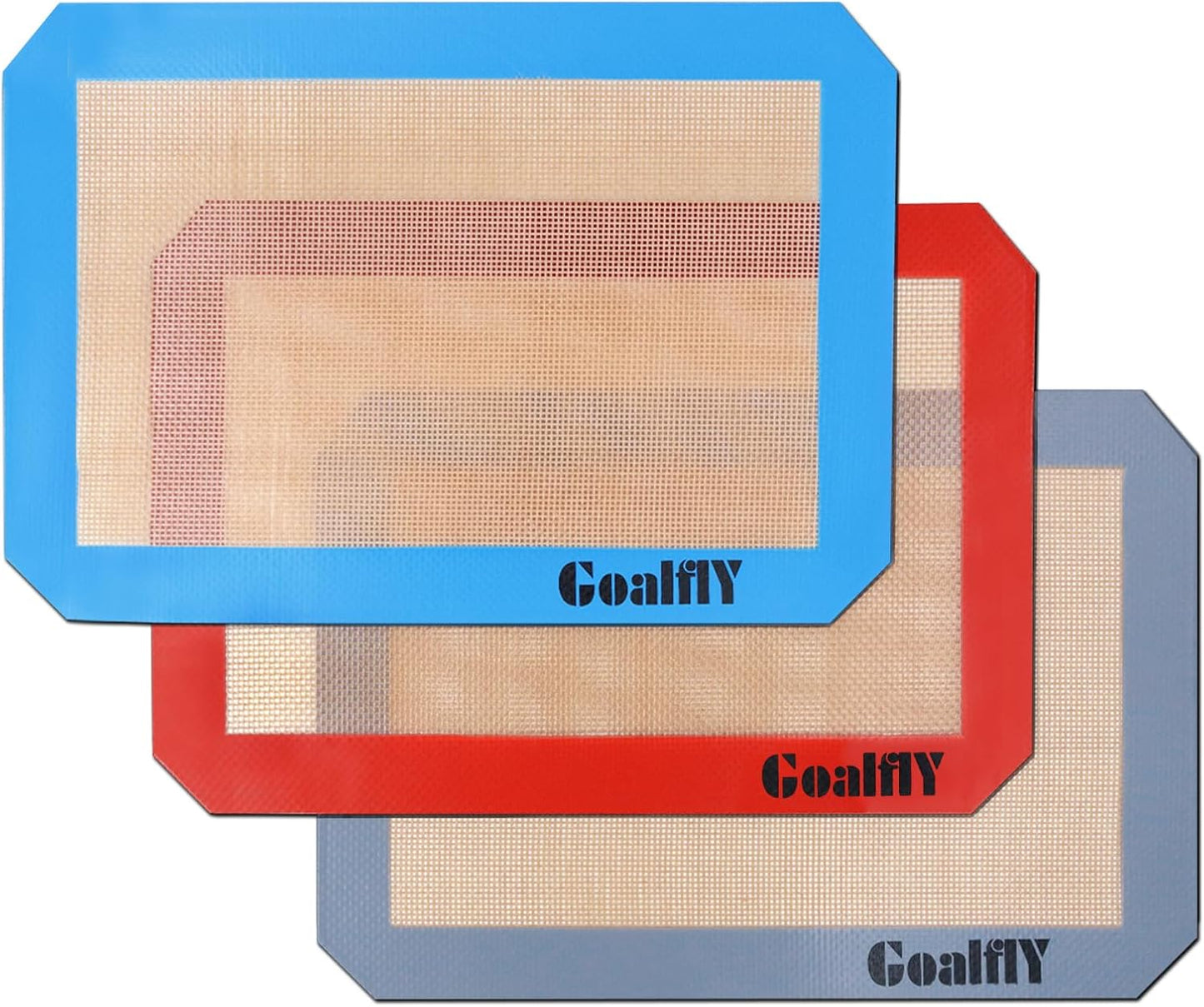 Small Silicone Baking Mat Sheet (11.8 x 8.5 IN), 3 Pieces Baking Mat Set, Reusable Silicone Mat for Oven, Toaster, Baking Tray, Baking Pan (Red, Blue, Grey)