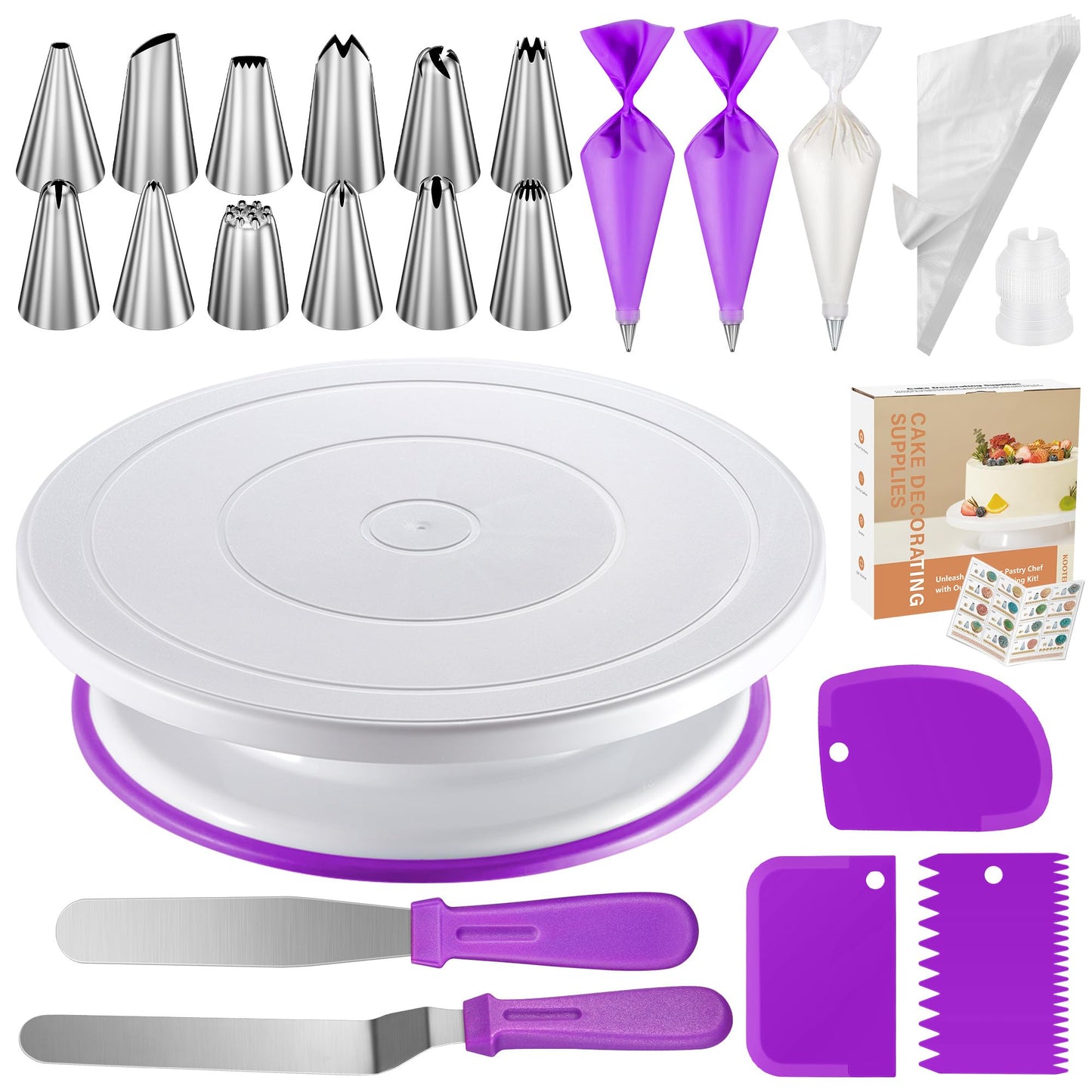 Kootek 71PCs Cake Decorating Kit, Baking Supplies Tools - Includes Cake Stand Turntable, 12 Icing Piping Tips, 2 Frosting Spatulas, 3 Scrapers, 50+2 Piping Bags, Coupler, Video Tutorial, Booklet