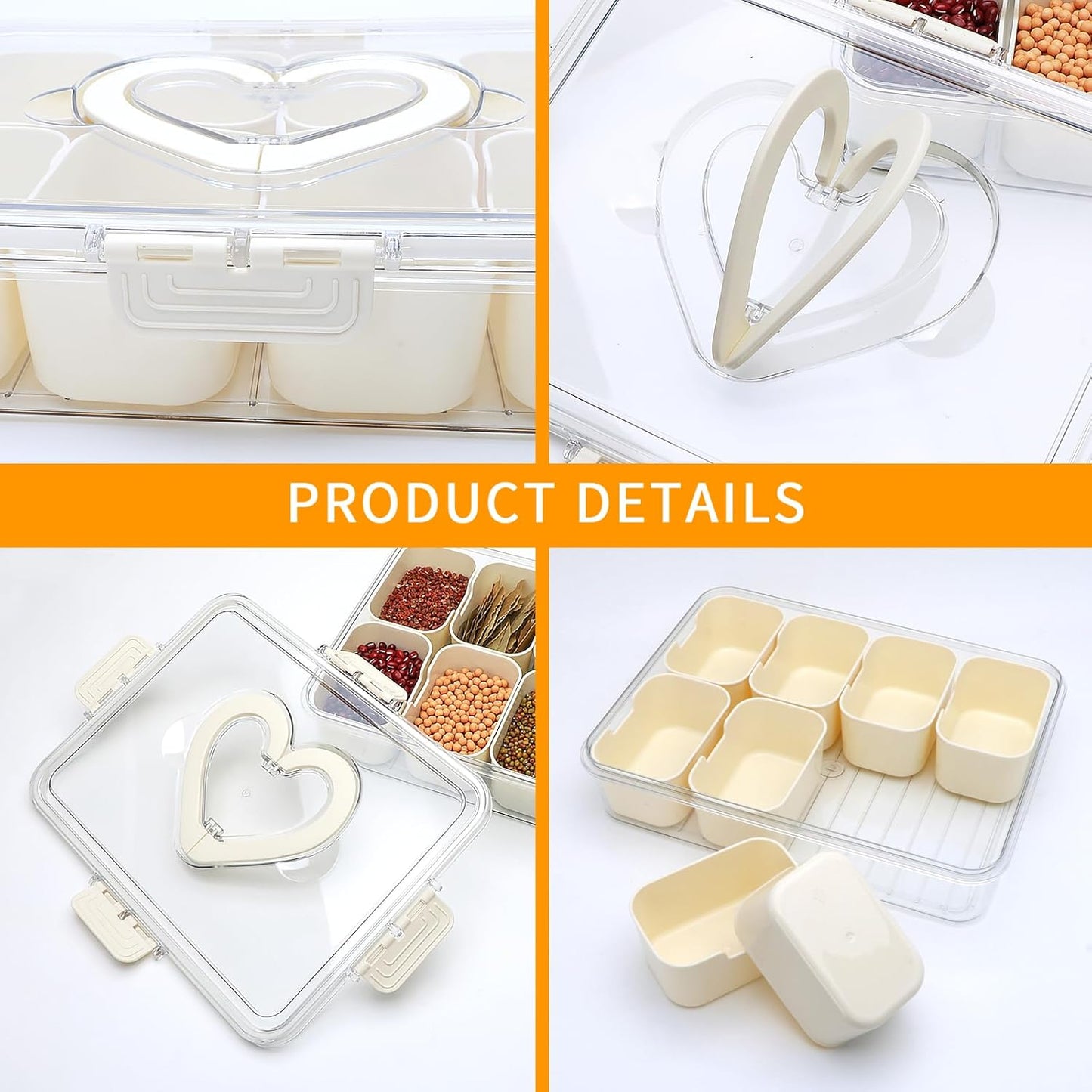 Divided Serving Tray with Lid and Handle,Snackle Box Containers with 8 Compartment,Portable Snack Serving Platters Reusable Storae Organizer for Fruits,Nuts,Candy,Party,Picnic,Veggies