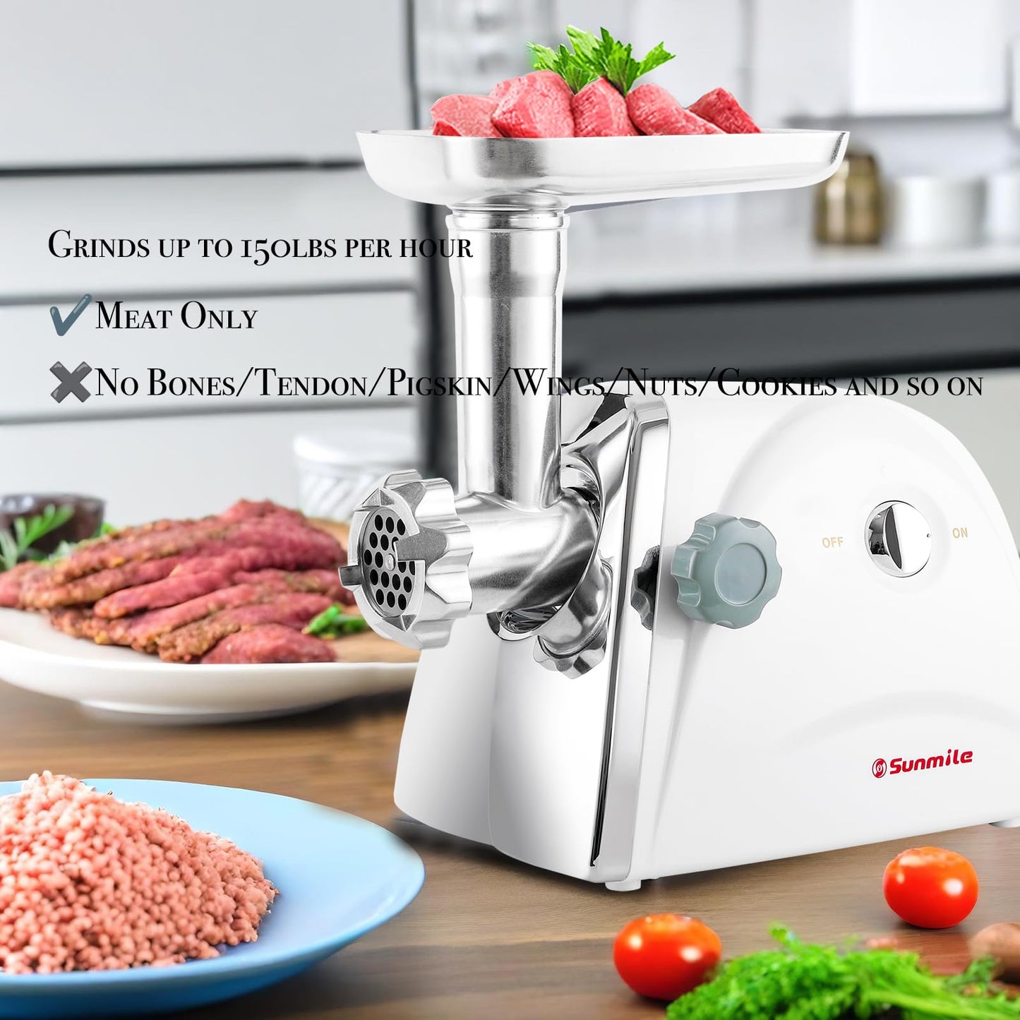 Sunmile SM-G31 Electric Meat Grinder - Max 1HP 800W- ETL Meat Mincer Sausage Grinder, Stainless Steel Cutting Blade, 3 Stainless Steel Grinding Plates, 1 Big Sausage Stuff