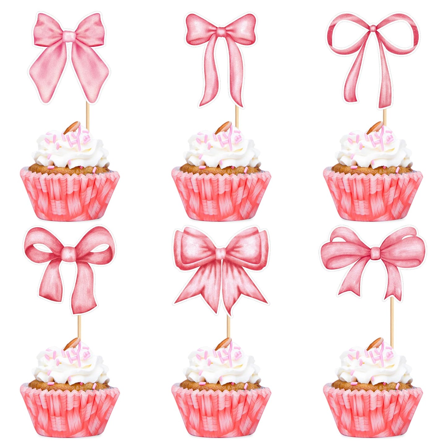 20 Pack Bow Cupcake Toppers Birthday Bowknot Ribbons Coquette Pink Bow High Footed Cup Balloon Wall Party Decorations Bridal Cake Dessert Picks Baby Girl Boy Wedding Party Supplies pink1