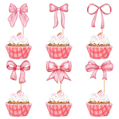 20 Pack Bow Cupcake Toppers Birthday Bowknot Ribbons Coquette Pink Bow High Footed Cup Balloon Wall Party Decorations Bridal Cake Dessert Picks Baby Girl Boy Wedding Party Supplies pink1