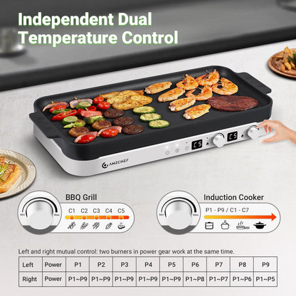 AMZCHEF Double Induction Cooktop with Removable Iron Cast Griddle Pan Non-stick, 1800W 2 burner Portable Induction Stove With Sensor Touch 9 Power Levels, 99 Min Timer, White