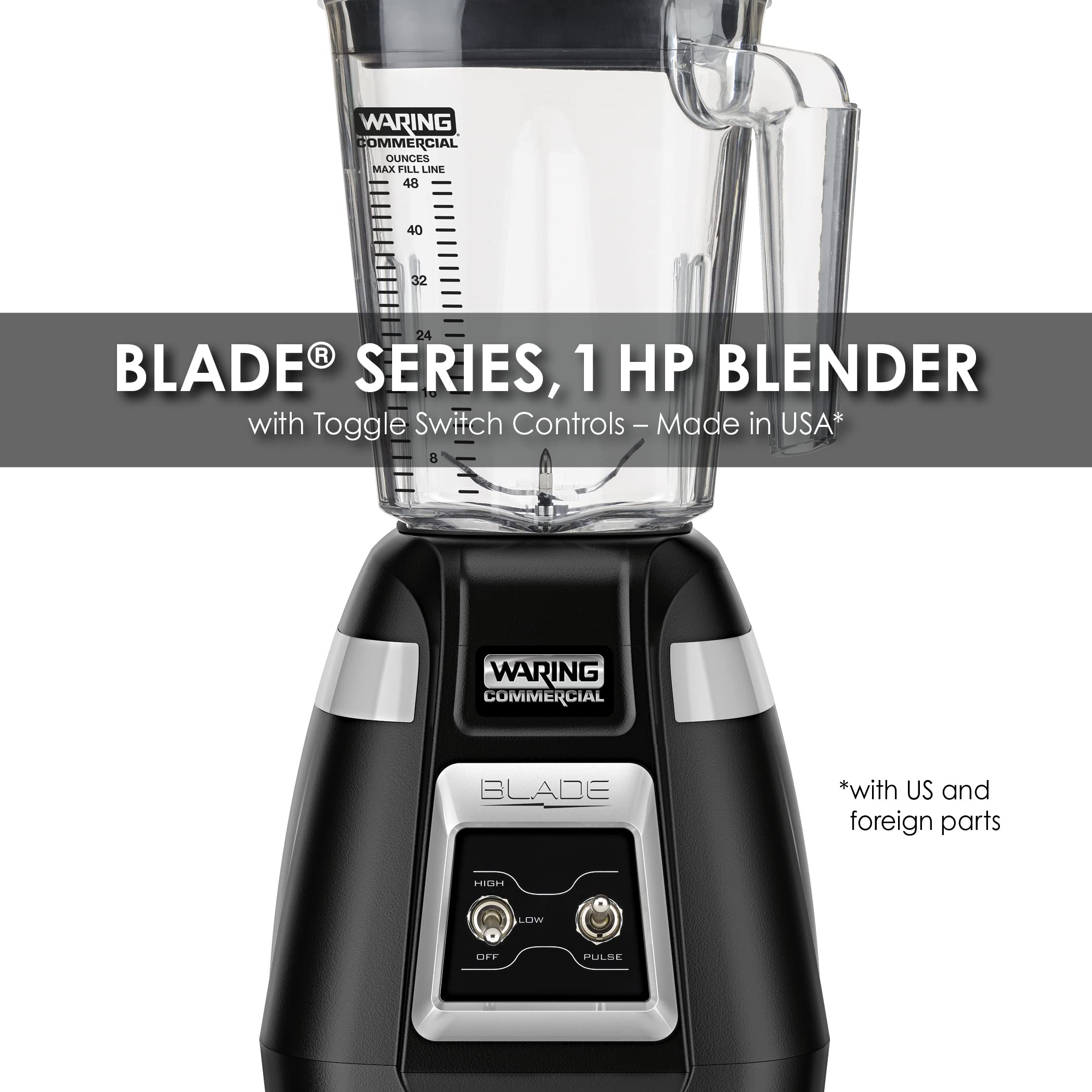 Блендер Waring Commercial BB300 Blade 1 HP з тумблерним керуванням та функцією імпульсного режиму, контейнер для штабелювання з кополіестеру без бісфенолу А об'ємом 48 унцій, 120 В, 5-15-фазна вилка, чорний колір