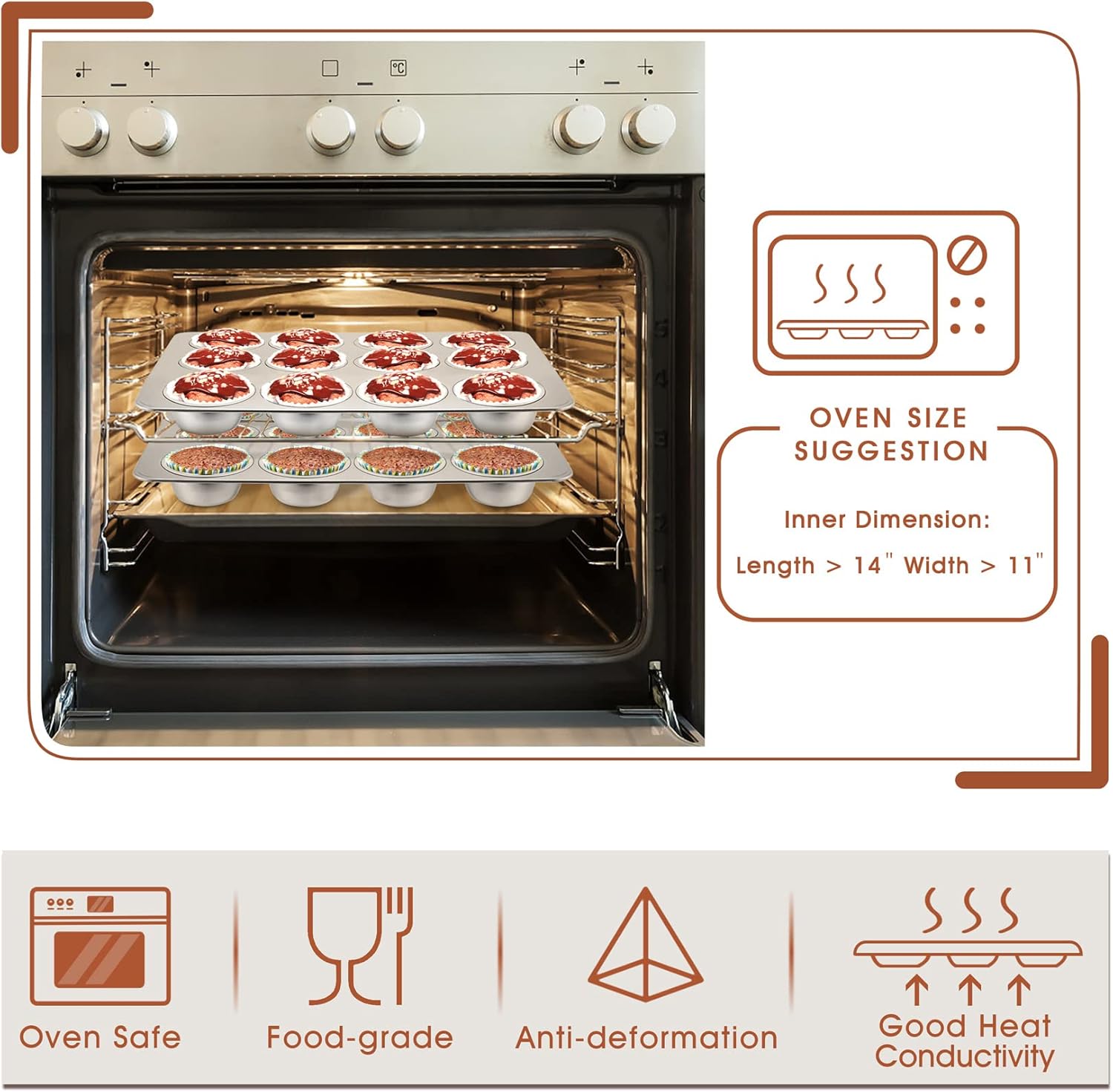P&P CHEF Muffin Pan Cupcake Baking Pan Set, Stainless Steel Muffin Tin Tray for Mini Cake Tart Quiche, Oven & Dishwasher Safe, Non-toxic & Heavy-duty, (12 Cup, 2Pcs)