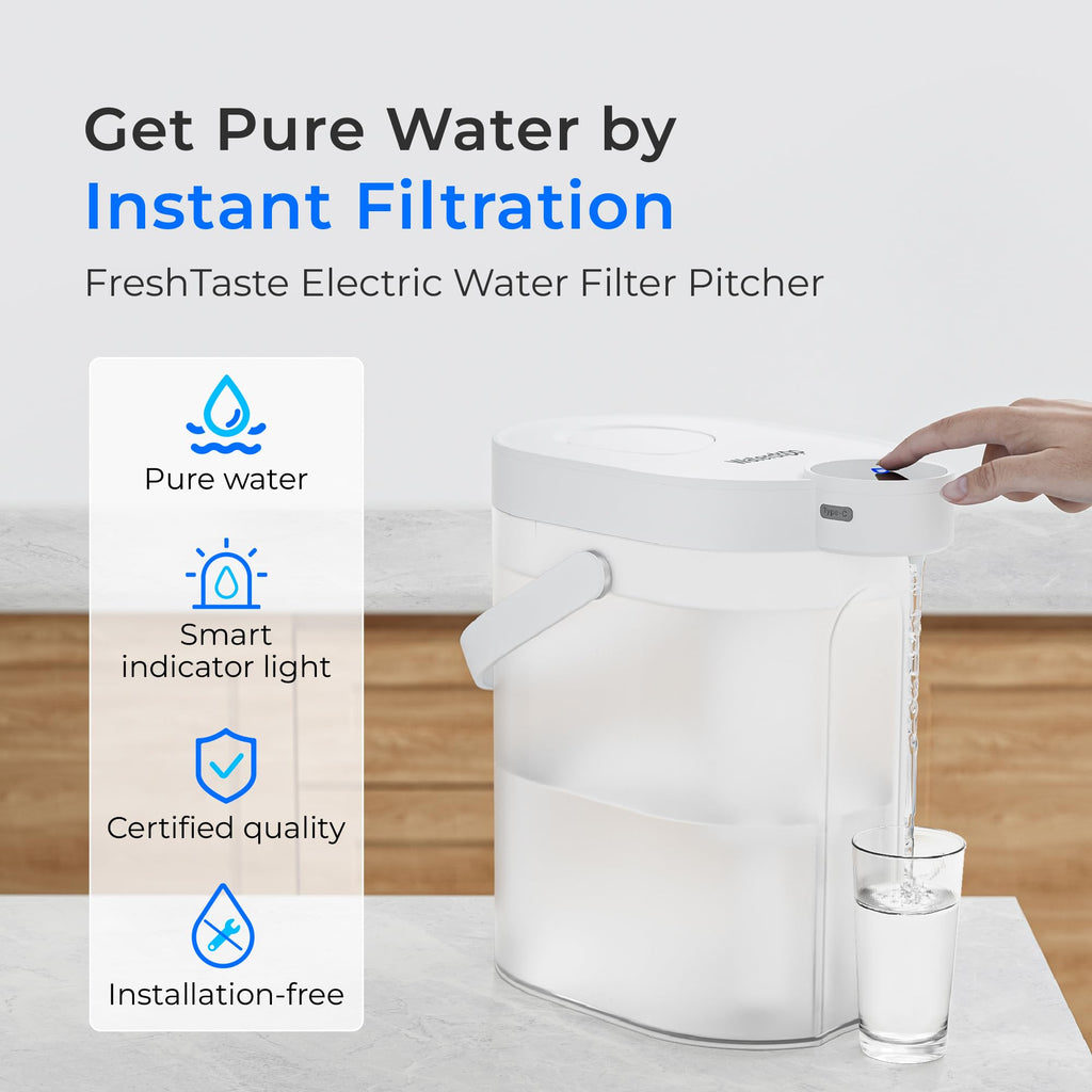 Dzbanek filtrujący wodę Waterdrop FreshTaste, akumulatorowy, wydajny dozownik, redukuje chlor, ołów, miedź, oczyszcza, zmiękcza wodę, 17 filiżanek, biały, NIE redukuje TDS